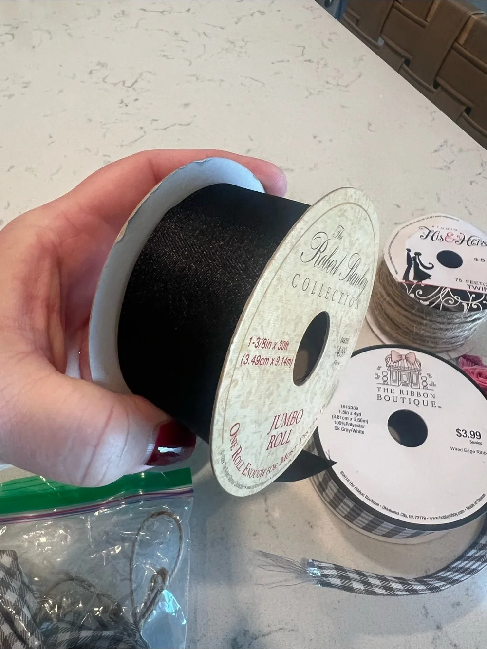Assorted Black Ribbon, Gray Gingham Ribbon and Twine Bundle